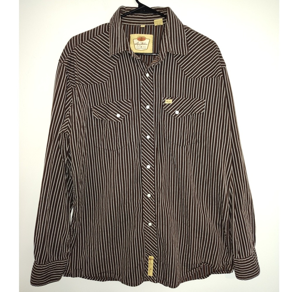 Larry Mahan Mens XL BrownStriped Western PearlSnap Shirt CowboyCollection Cotton